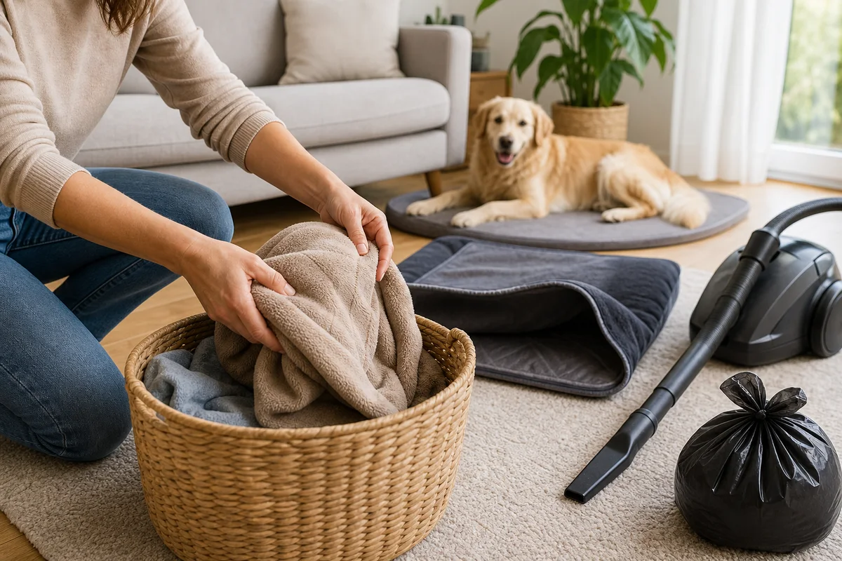 Waschbare Hundedecken werden gesammelt, während Schlafplatz und Ritzen abgesaugt werden