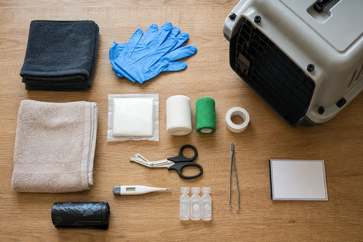 Geordnete Haustier-Hausapotheke mit Kompressen, Verbänden, Handschuhen, Thermometer, Schere und Transportbox