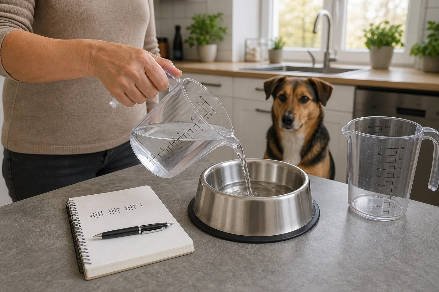 Wasser wird mit einem Messbecher in den Hundenapf gefüllt und die Menge notiert