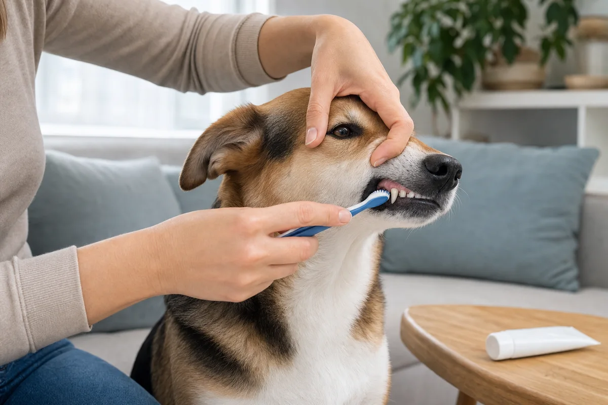 Ein ruhiger Hund lässt sich mit einer weichen Tierzahnbürste an den äußeren Zahnflächen putzen
