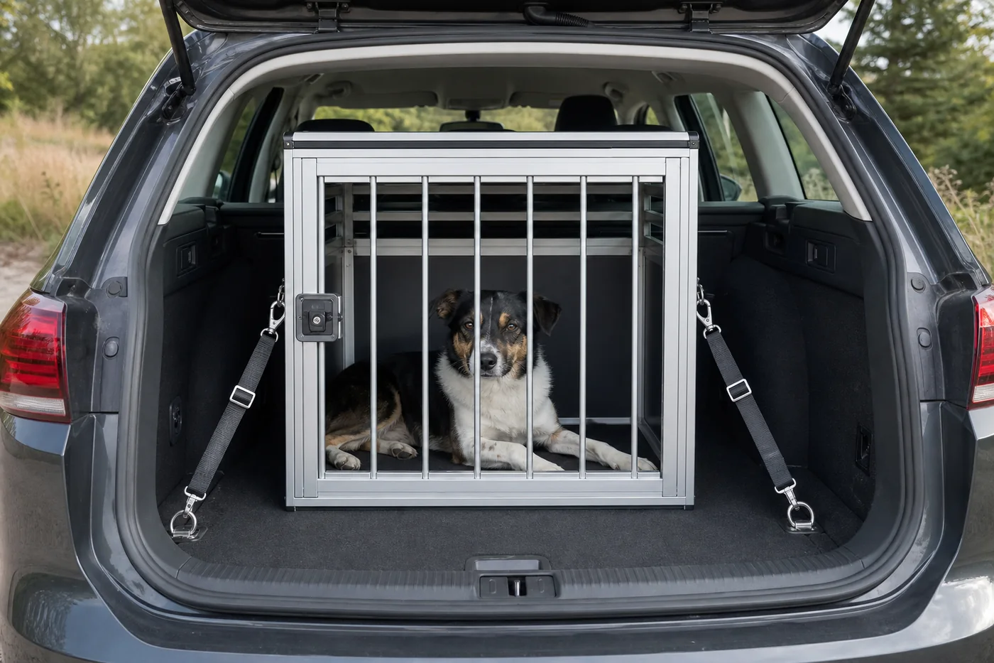 Eine stabile Hundebox ist mit zwei Spanngurten an den Zurrösen des Kofferraums befestigt