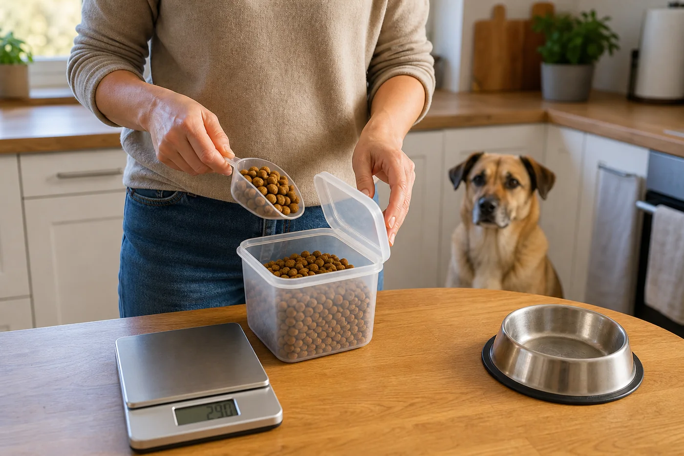 Die gesamte Trockenfutter-Tagesration eines Hundes wird mit einer Küchenwaage abgewogen