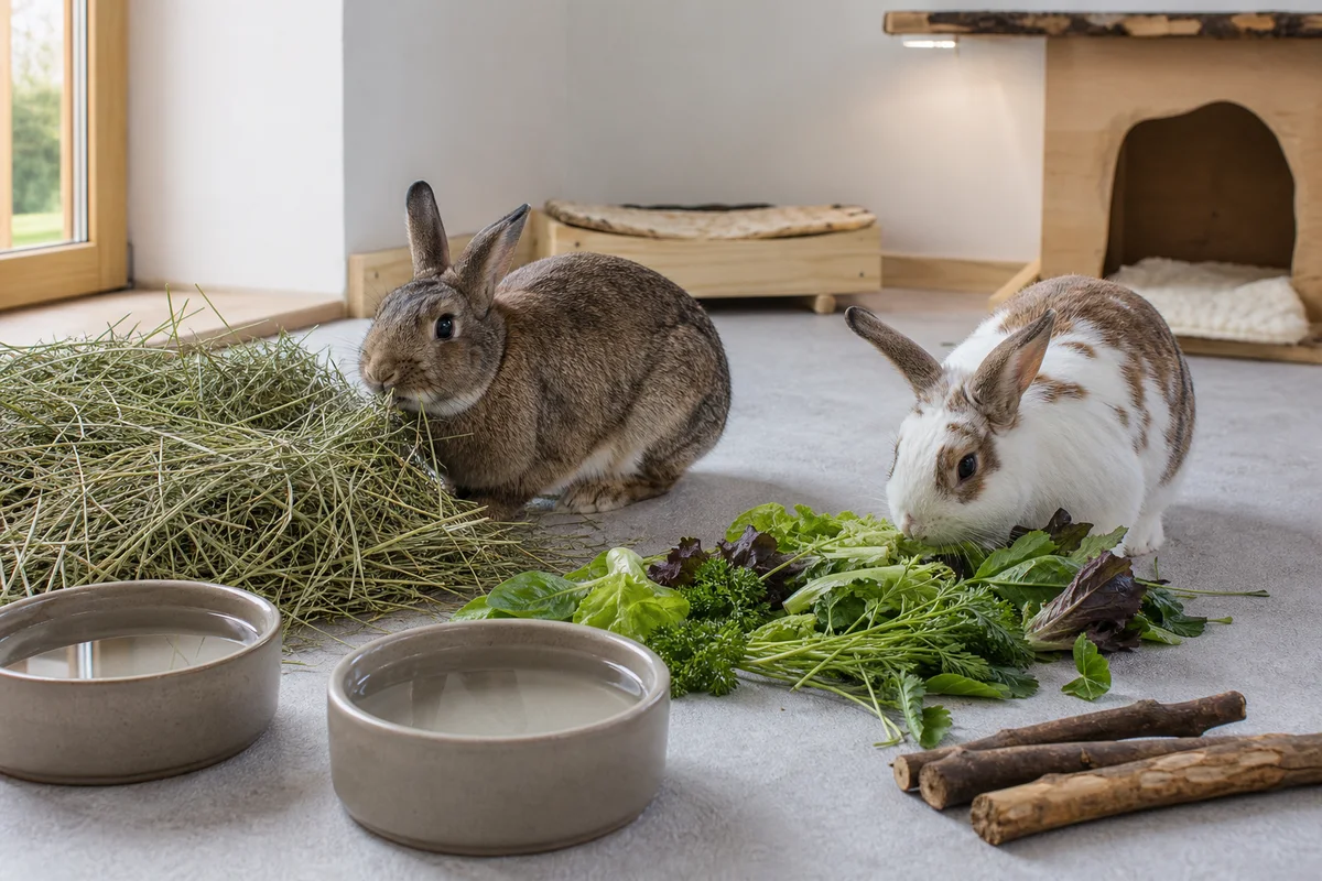 Zwei Kaninchen fressen Heu und frisches Blattgemüse neben schweren Wassernäpfen