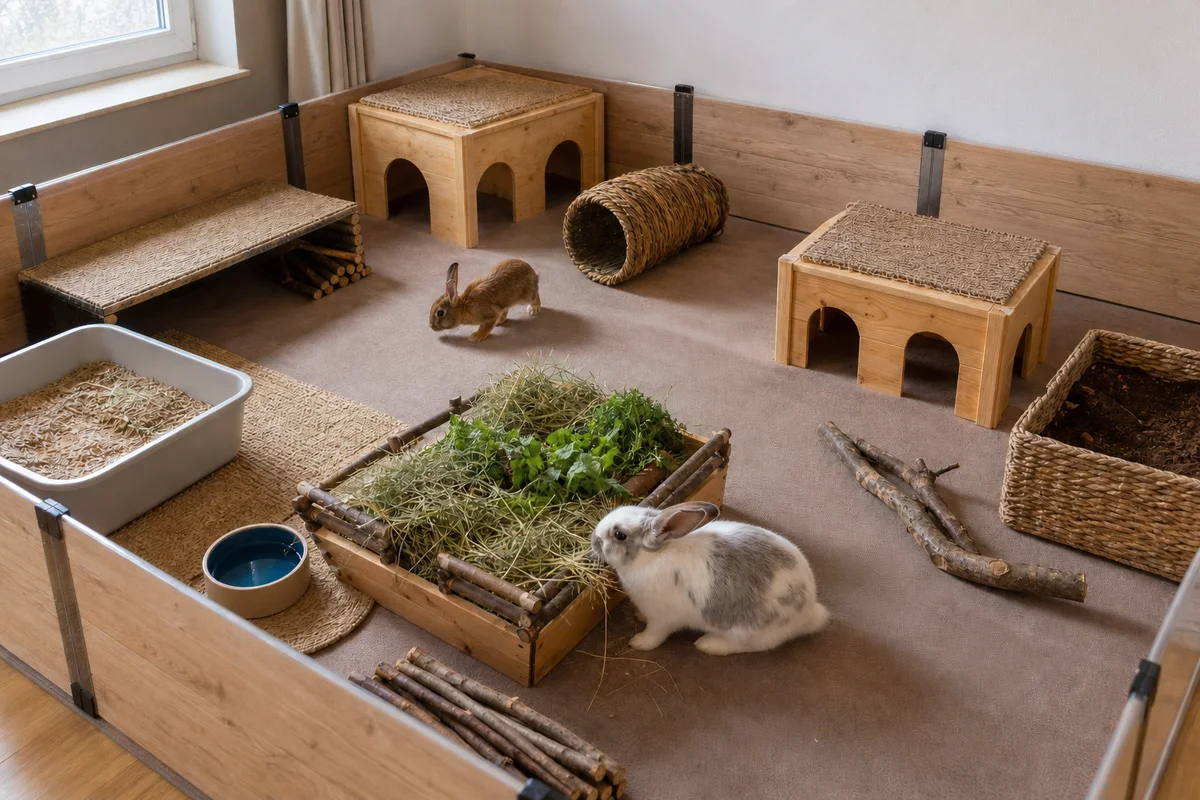 Zwei Kaninchen in einem geräumigen Gehege mit Laufstrecke, Verstecken, Heu und Buddelzone