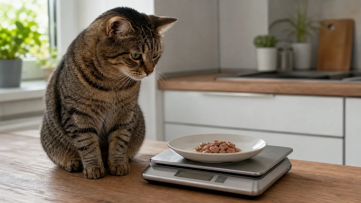 Abgewogene Portion Nassfutter auf einer Küchenwaage neben einer Katze