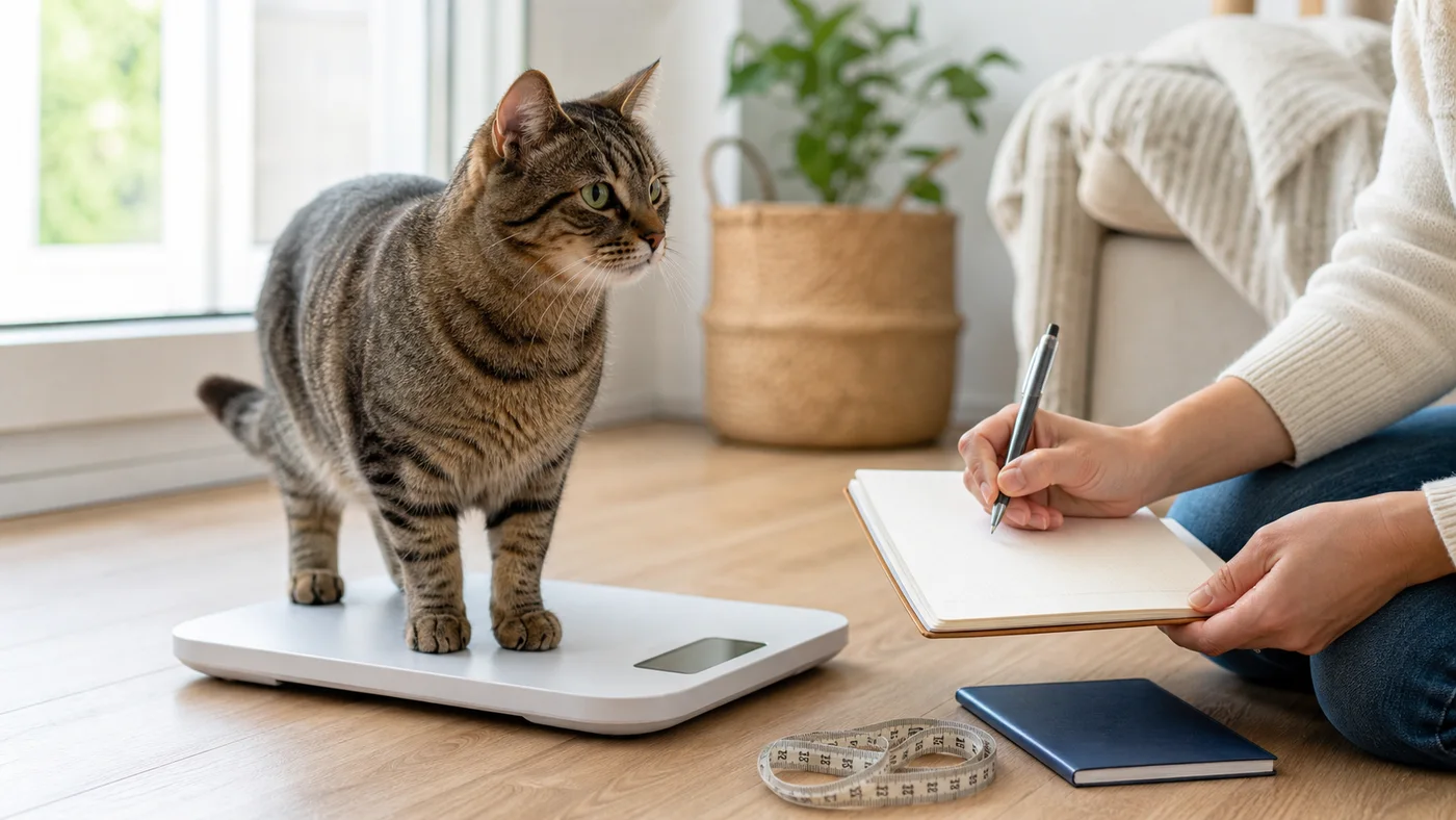 Katze steht auf einer flachen Waage, während das Gewicht notiert wird