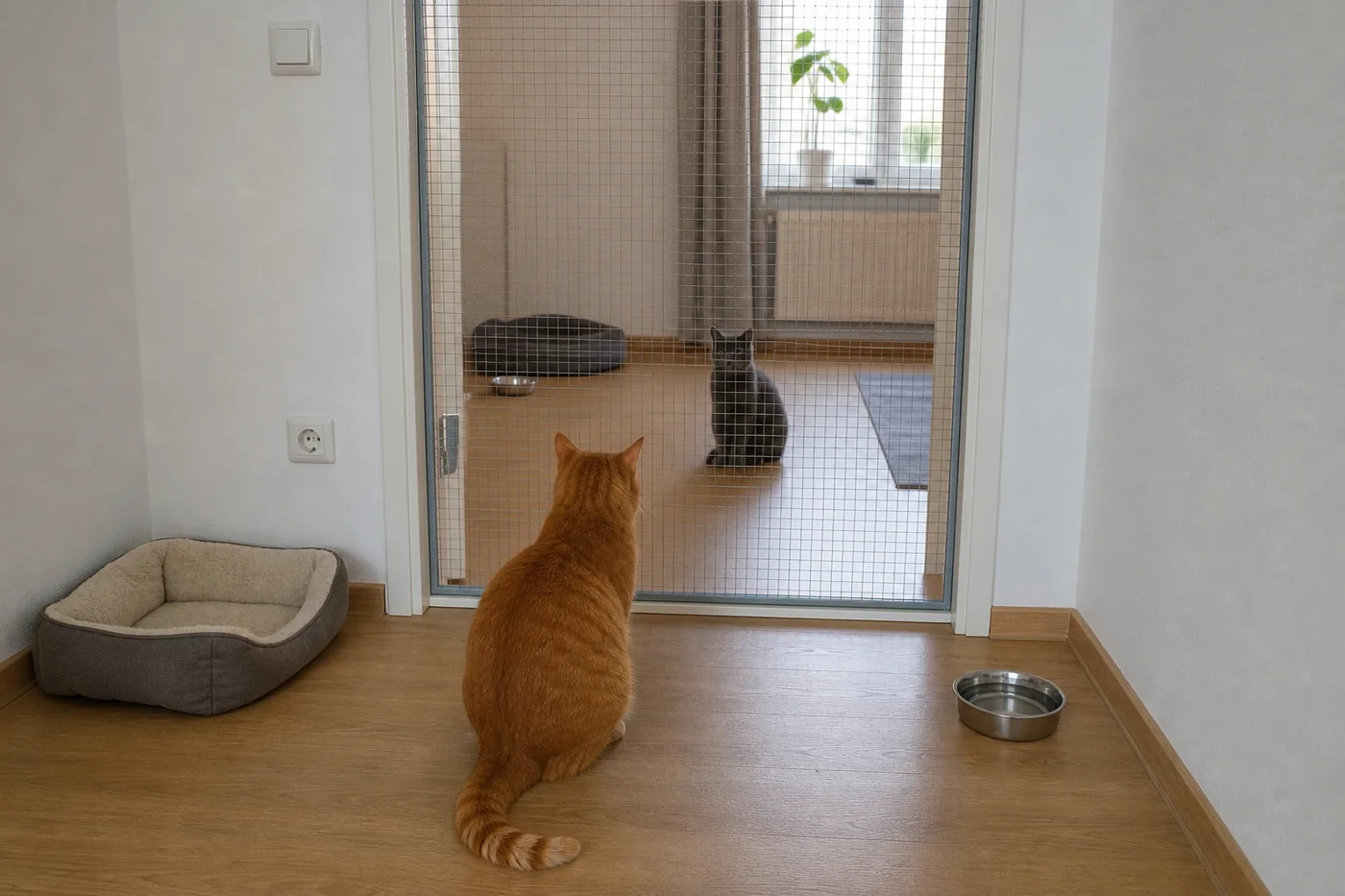 Zwei Katzen beobachten sich mit Abstand durch ein vollständig gesichertes Gitter in der Tür