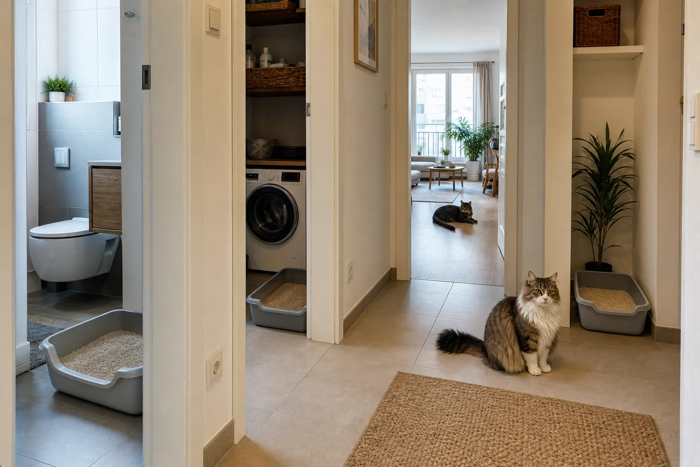 Drei offene Katzenklos stehen für zwei Katzen an drei voneinander getrennten Stellen der Wohnung