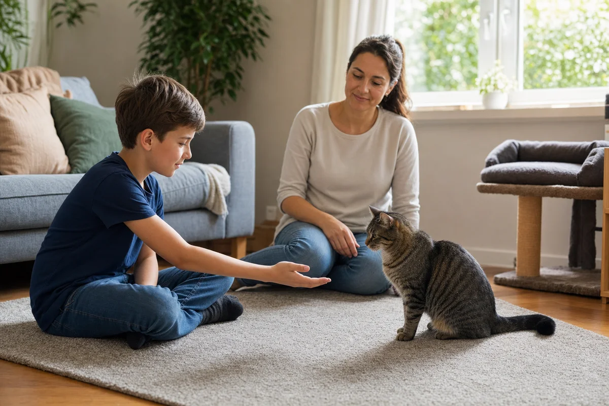 Ein Kind bietet einer Katze unter Aufsicht ruhig die offene Hand an, ohne sie festzuhalten
