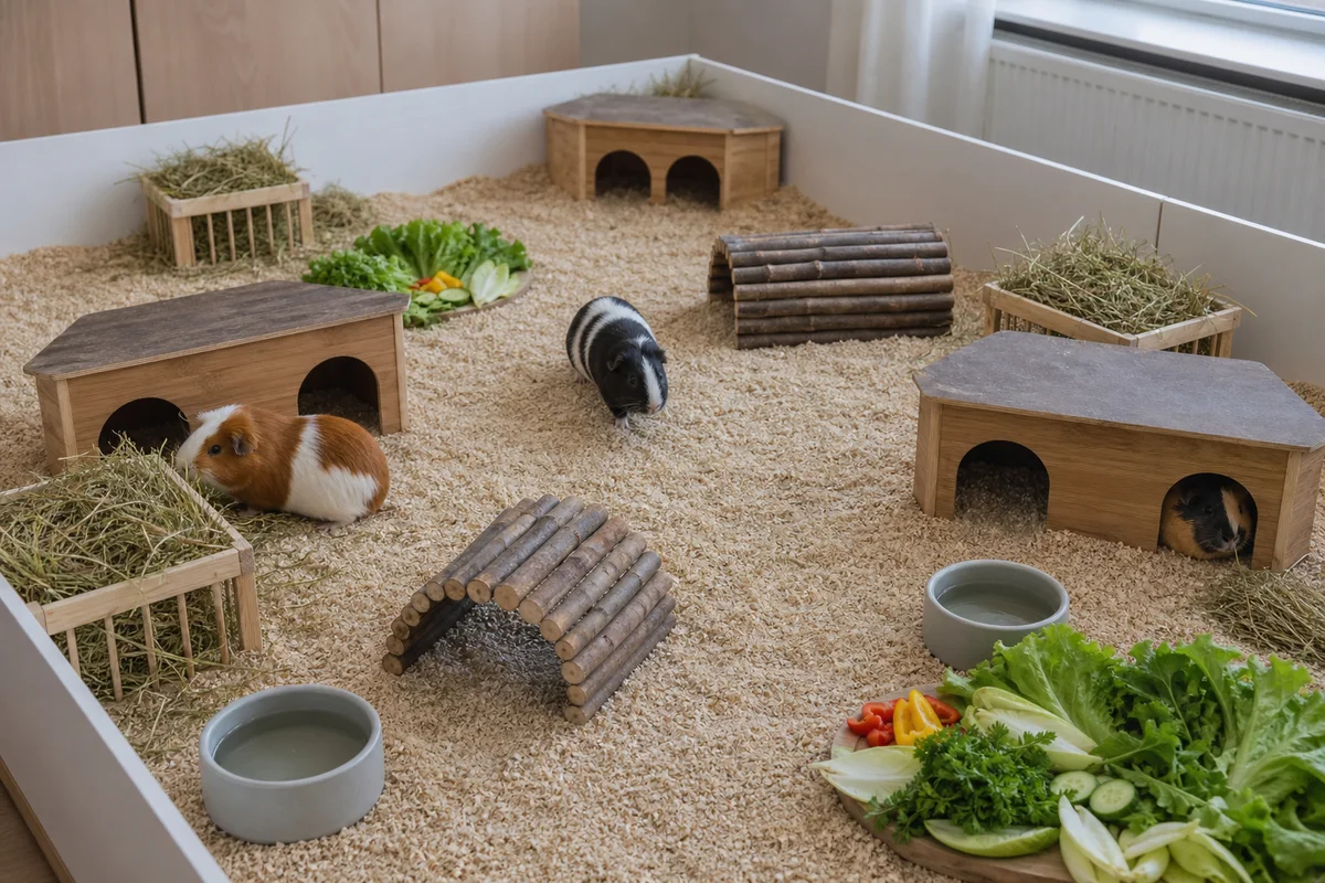 Drei Meerschweinchen in einem breiten Gehege mit Laufwegen, Heu, Wasser und mehreren Verstecken