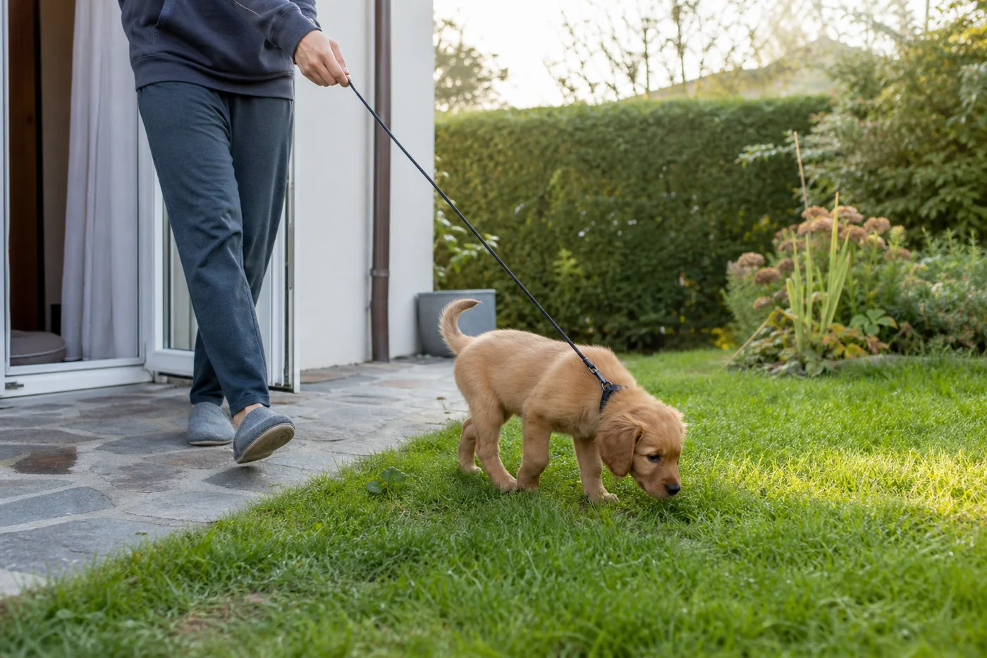 Ein Welpe wird direkt nach dem Aufwachen ruhig an der Leine zur Lösefläche im Garten geführt