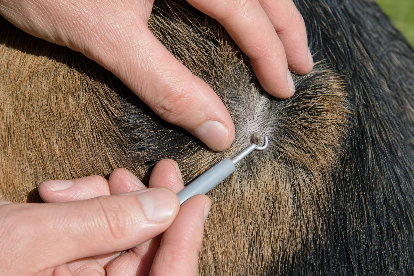 Ein Zeckenhaken wird direkt auf der Haut unter eine am Hund festgesaugte Zecke geschoben