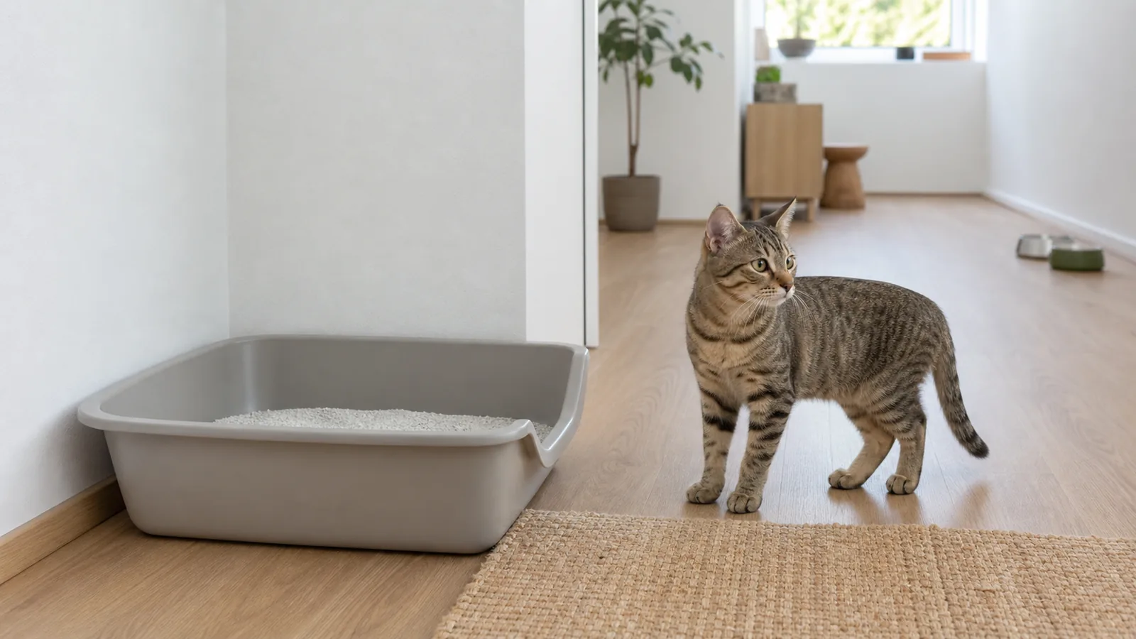 Offene Katzentoilette in einer ruhigen Ecke mit freiem Zugang und Abstand zu Futternäpfen