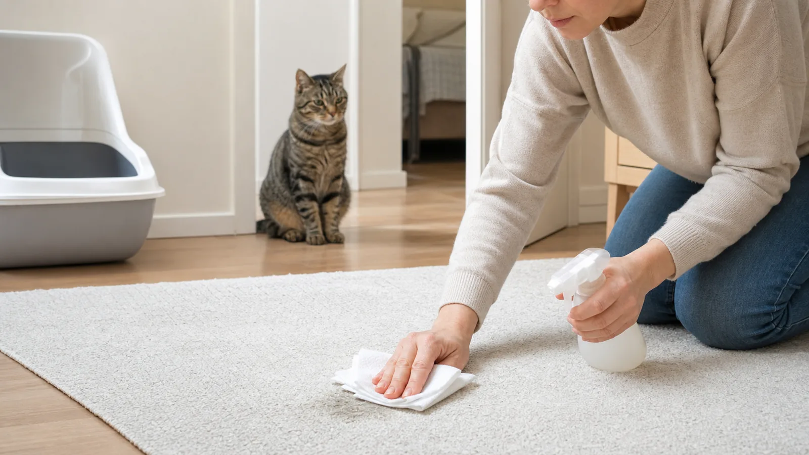 Eine verunreinigte Teppichstelle wird gereinigt, während die Katze ungestört entfernt sitzt