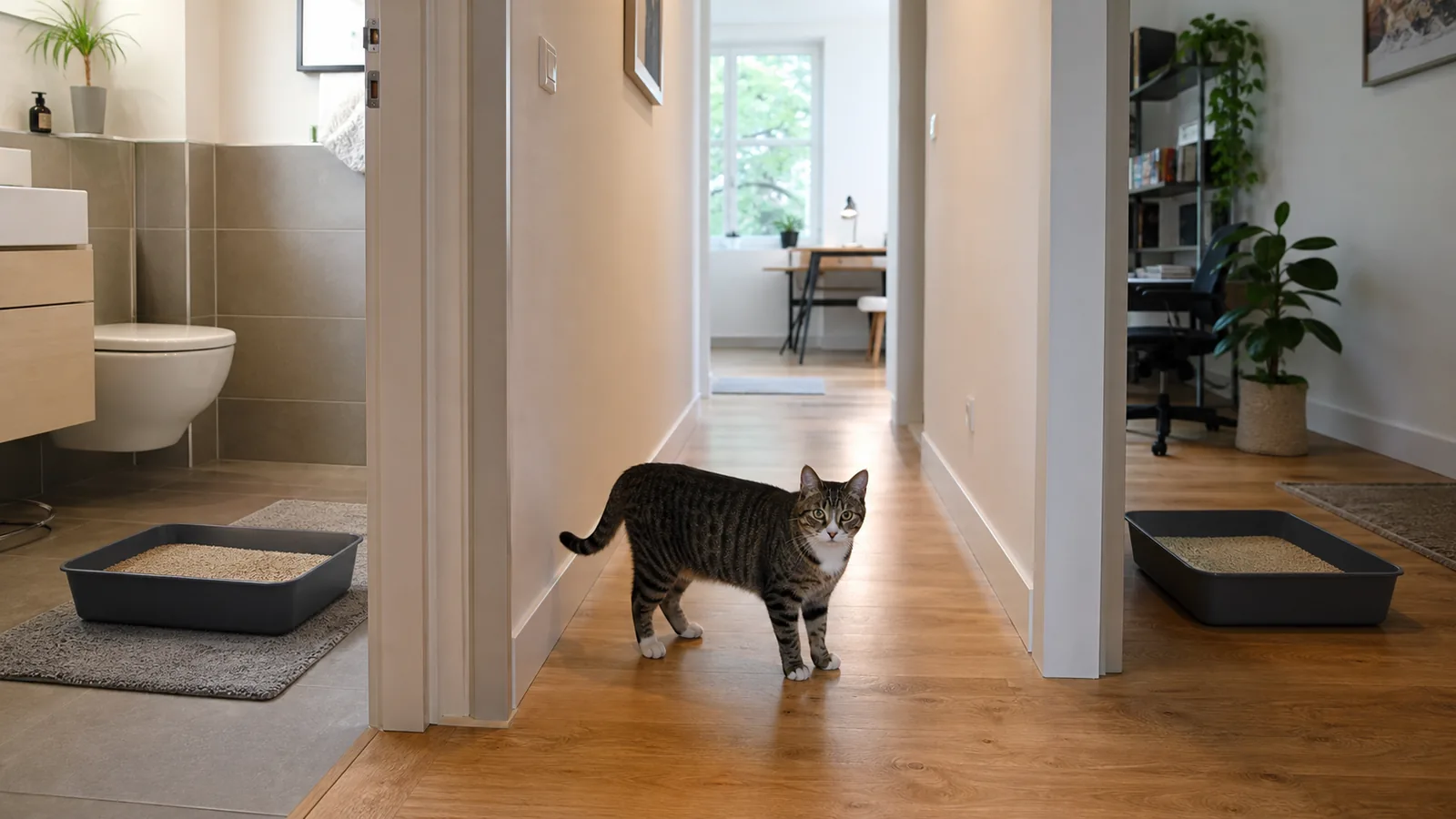 Zwei große offene Katzentoiletten stehen an zwei unterschiedlichen ruhigen Plätzen