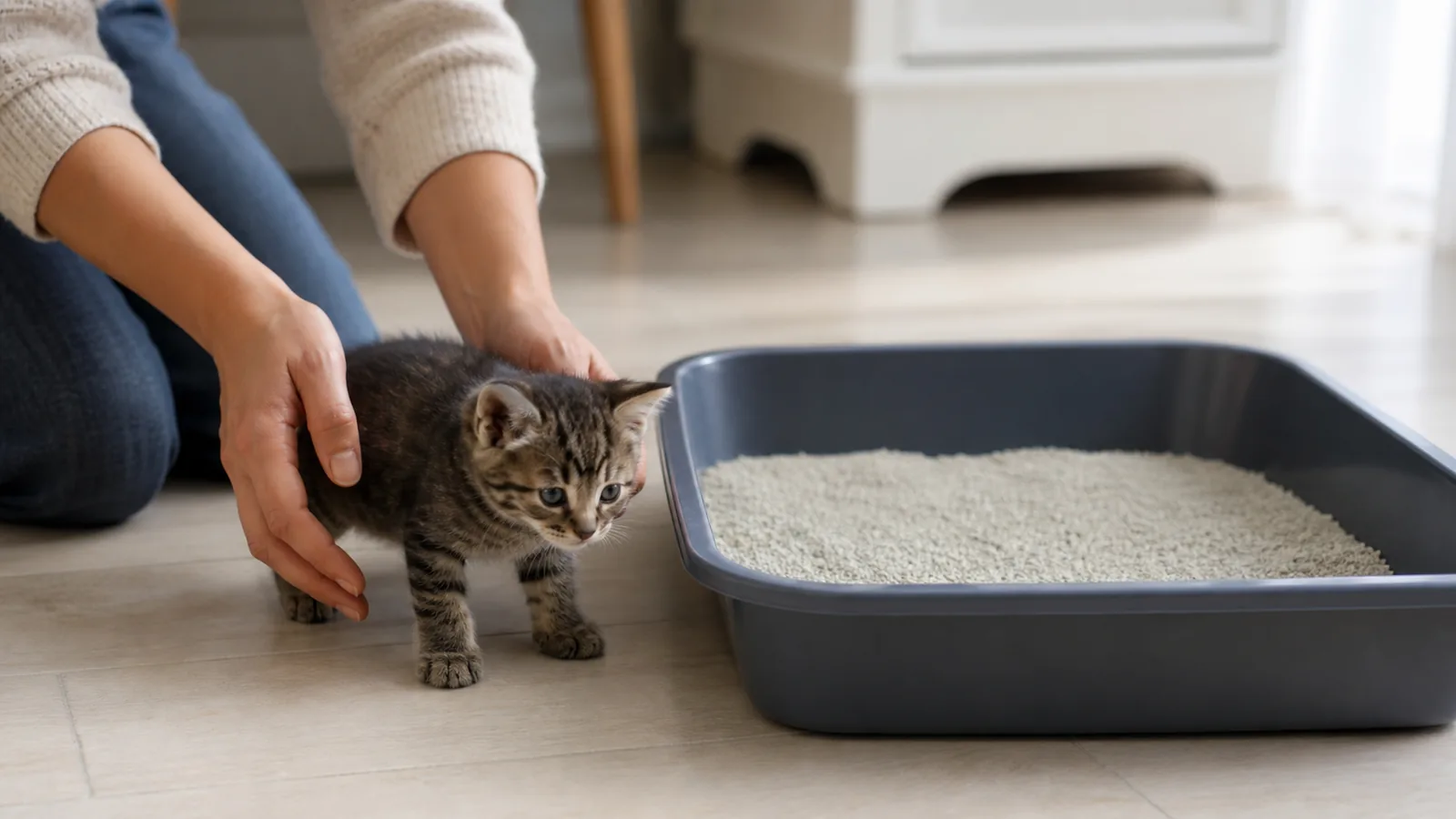 Ein Kitten wird nach dem Aufwachen ruhig neben eine offene Katzentoilette gesetzt