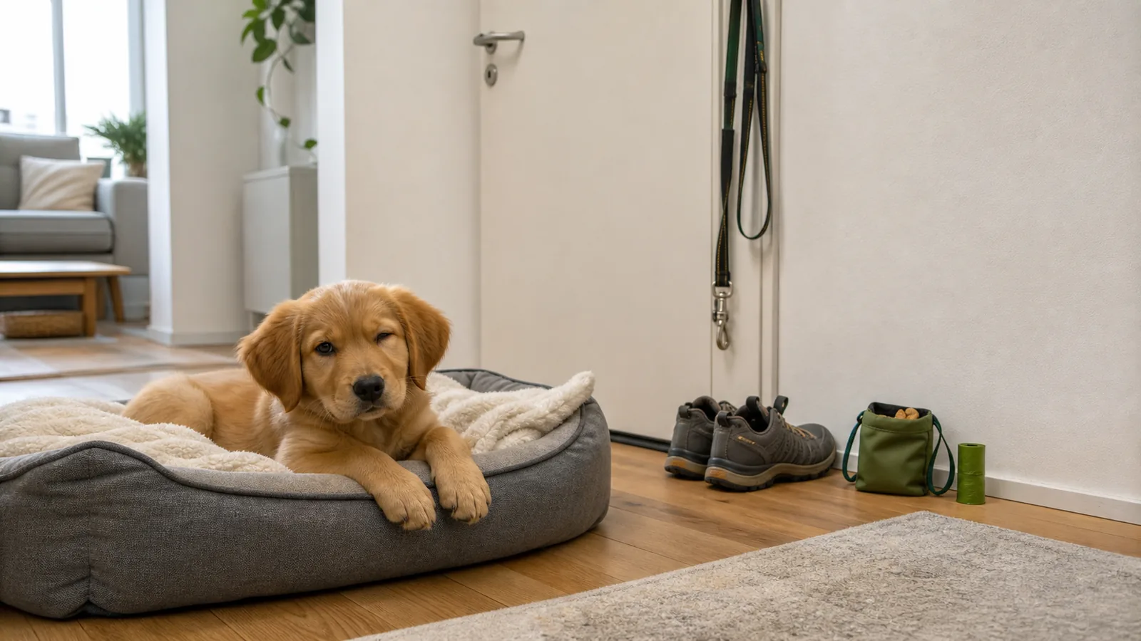 Leine, Schuhe und Kotbeutel liegen vorbereitet neben dem Schlafplatz eines Welpen